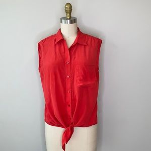 Equipment Red Sleeveless Front Tie Blouse